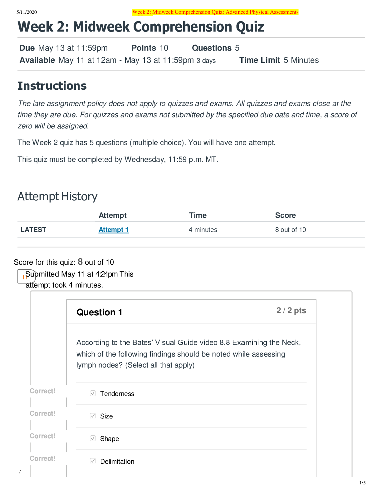 Preview image for NR-509 Advanced Physical Assessment-Week 1 Midweek Comprehension Quiz.